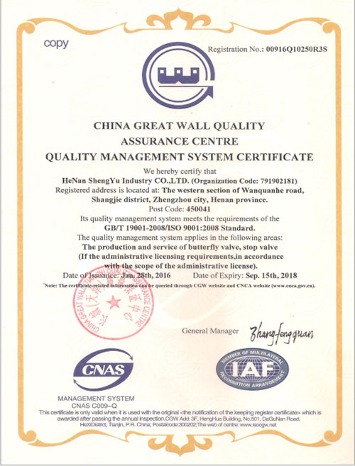 ISO9001质量管理体系认证证书001